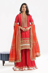 3 Piece Unstitched Embroidered Raw Silk Suit with Gold Lacquer Embroidered Printed Chiffon Dupatta BM-52019