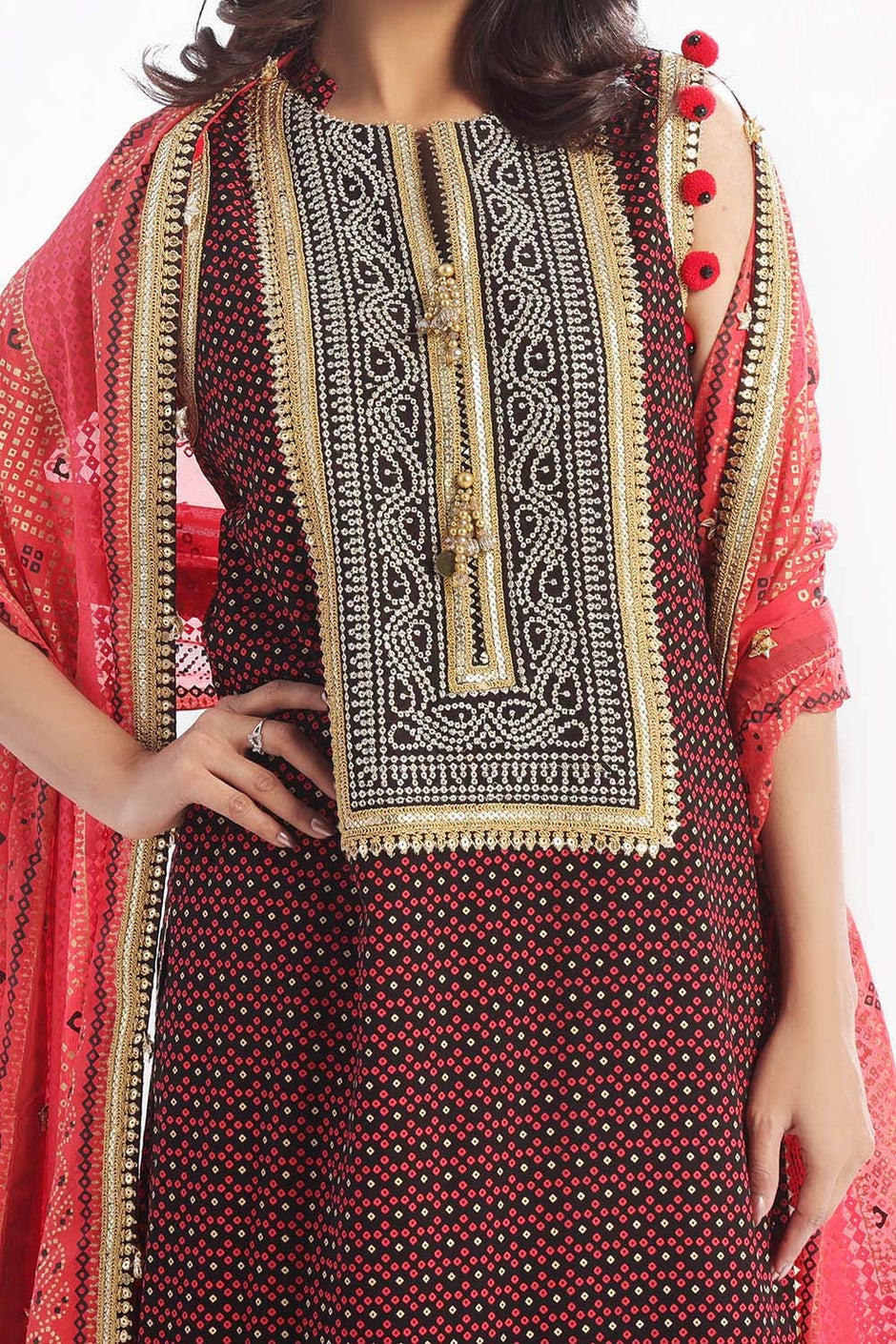 3 Piece Unstitched Embroidered Chiffon Suit with Gold Lacquer Embroidered Printed Chiffon Dupatta