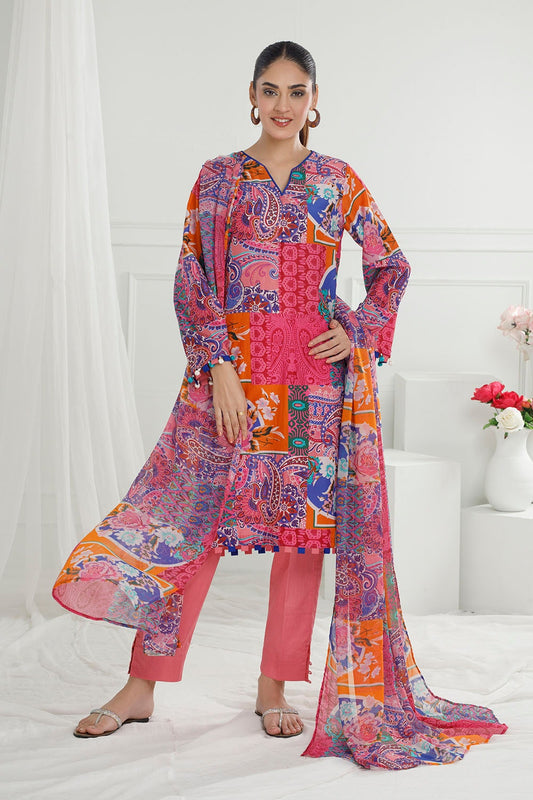 3 Piece Unstitched Printed Cotton Silk Suit with Printed Chiffon Dupatta CS-52001