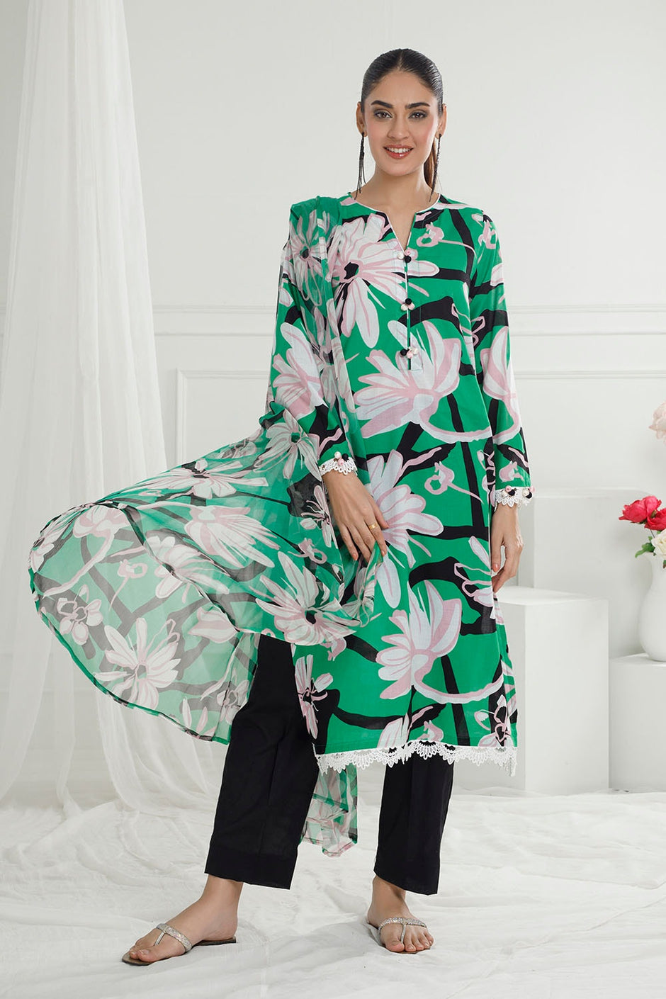 3 Piece Unstitched Printed Lawn Suit with Printed Pure Silk Chiffon Dupatta
