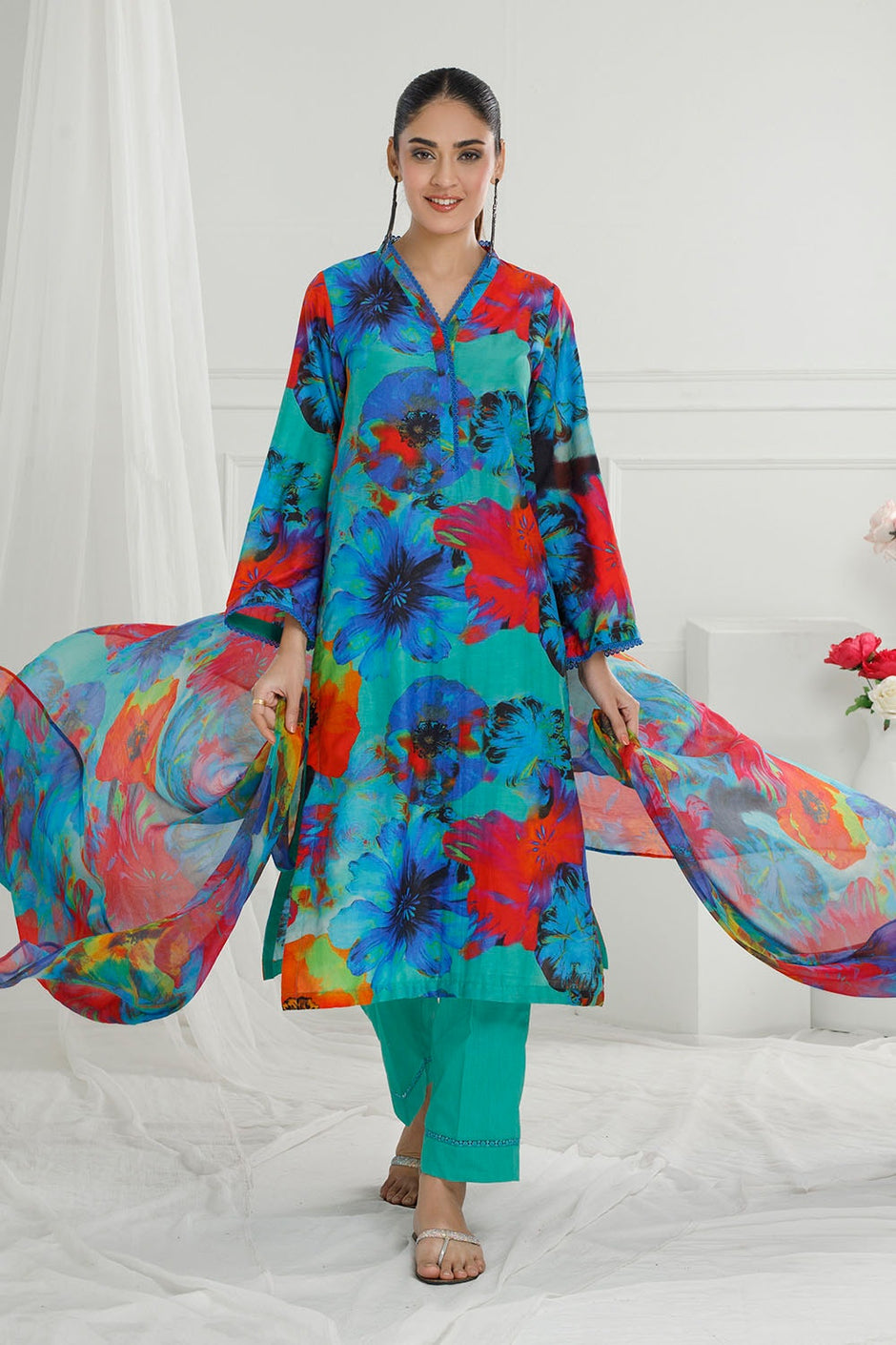 3 Piece Unstitched Printed Cotton Silk Suit with Printed Chiffon Dupatta