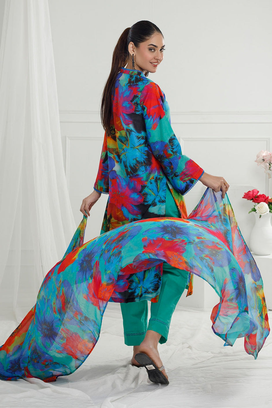 3 Piece Unstitched Printed Cotton Silk Suit with Printed Chiffon Dupatta