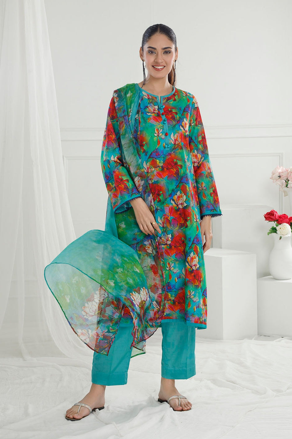 3 Piece Unstitched Printed Lawn Suit with Printed Pure Silk Chiffon Dupatta