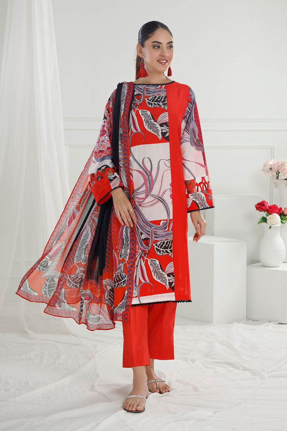 3 Piece Unstitched Printed Cotton Silk Suit with Printed Chiffon Dupatta