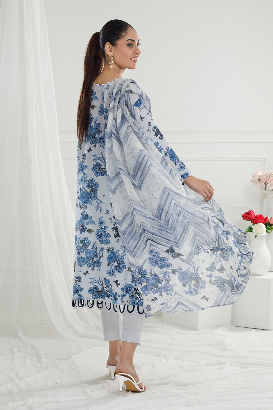 3 Piece Unstitched Printed Soya Silk Suit with Printed Chiffon Dupatta