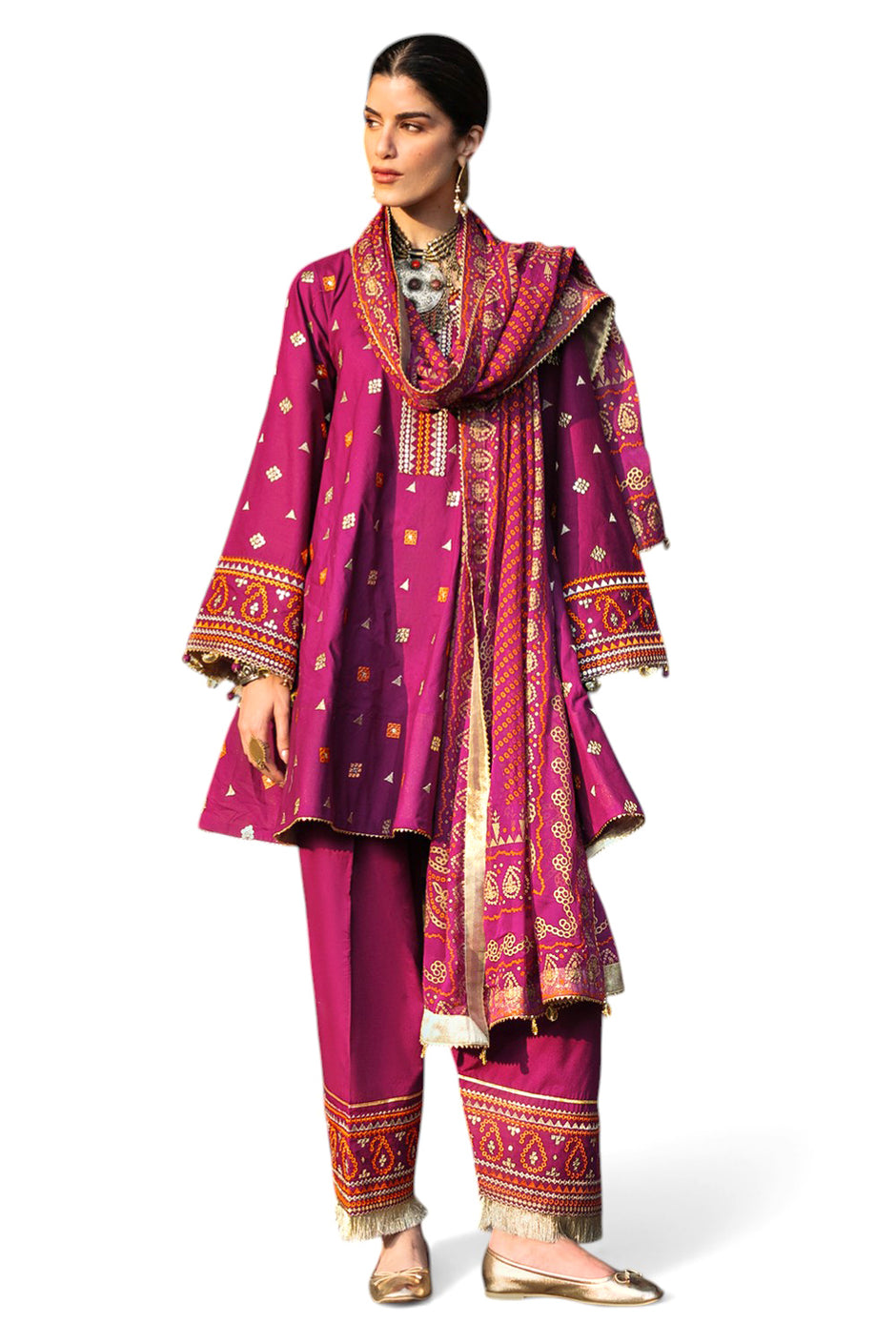 3 Piece Embroidered Lawn Suit with Gold and Lacquer Printed Chiffon Dupatta and Dyed Trouser BM-62027