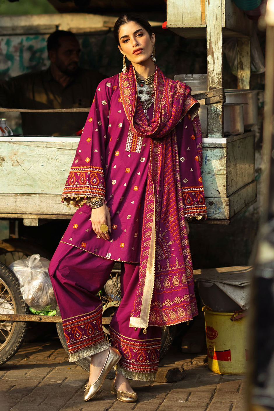 3 Piece Embroidered Lawn Suit with Gold and Lacquer Printed Chiffon Dupatta and Dyed Trouser