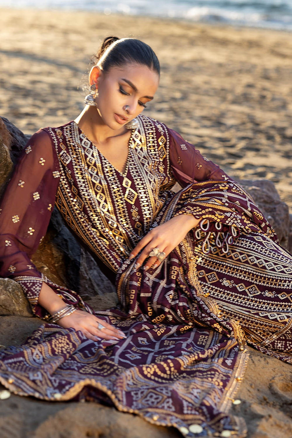 3 Piece Unstitched Embroidered Chiffon Suit with Gold Silver Printed Chiffon Dupatta