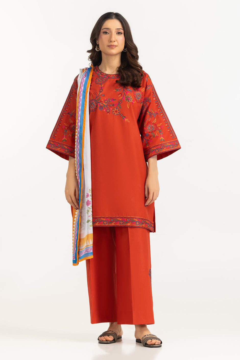 3PC Cambric Embroidered Suit With Scarf IPST-SCF-77404