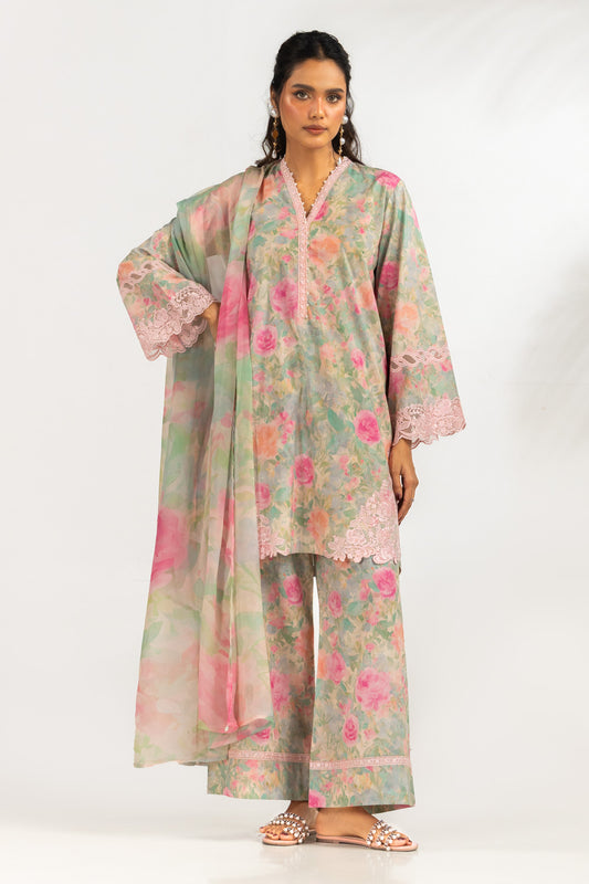 3PC Cambric Printed Suit With Embroidered IPSTD-77176