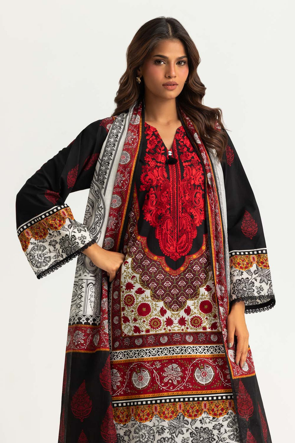 3PC Cotton Printed Suit With Embroidered