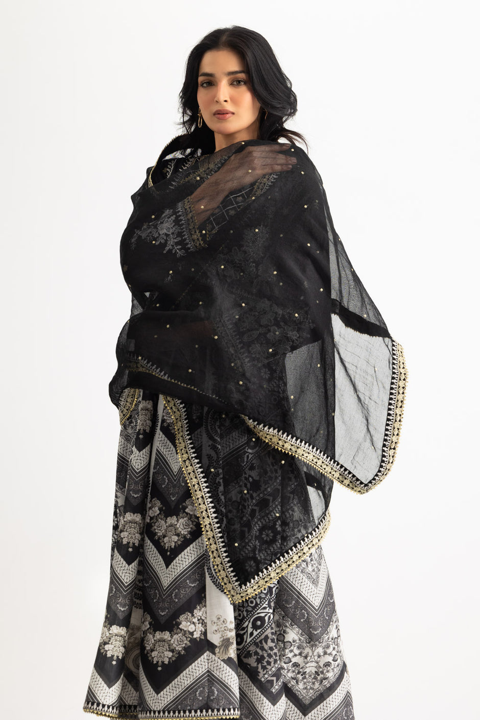 3PC Cross Hatch Printed Suit With Embroidered