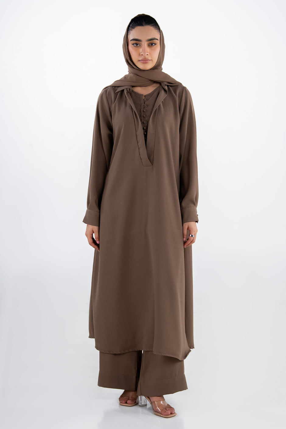 3PC Georgette Slub Abaya And Trouser With Scarf