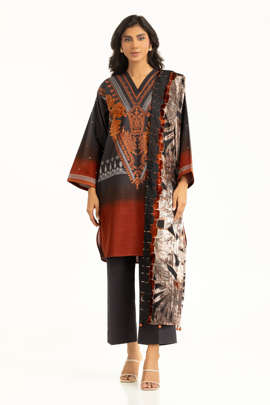 3PC Khaddar Printed Suit with Embroidered
