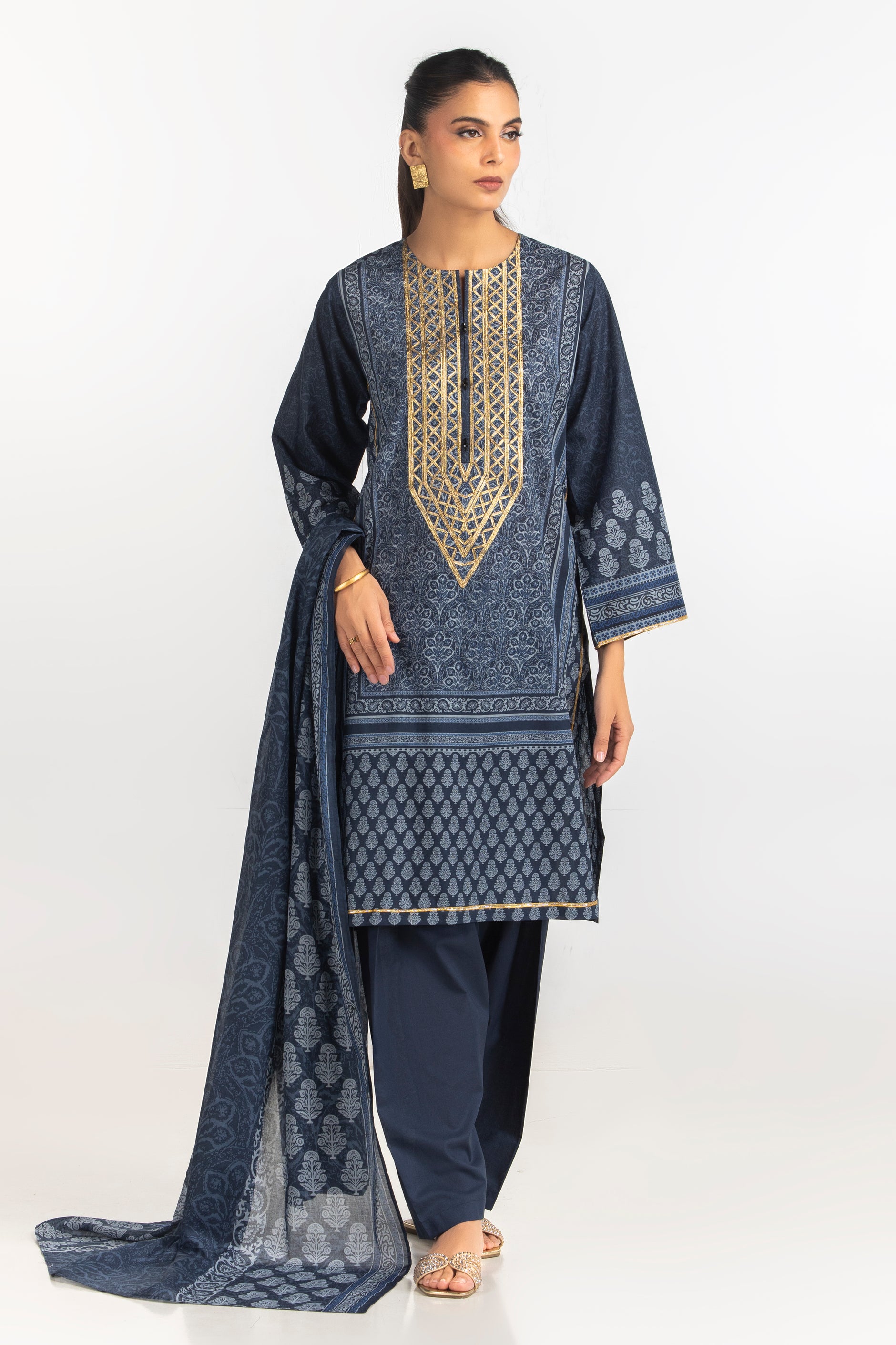 3PC Lawn Printed Suit With Gota Embroidered