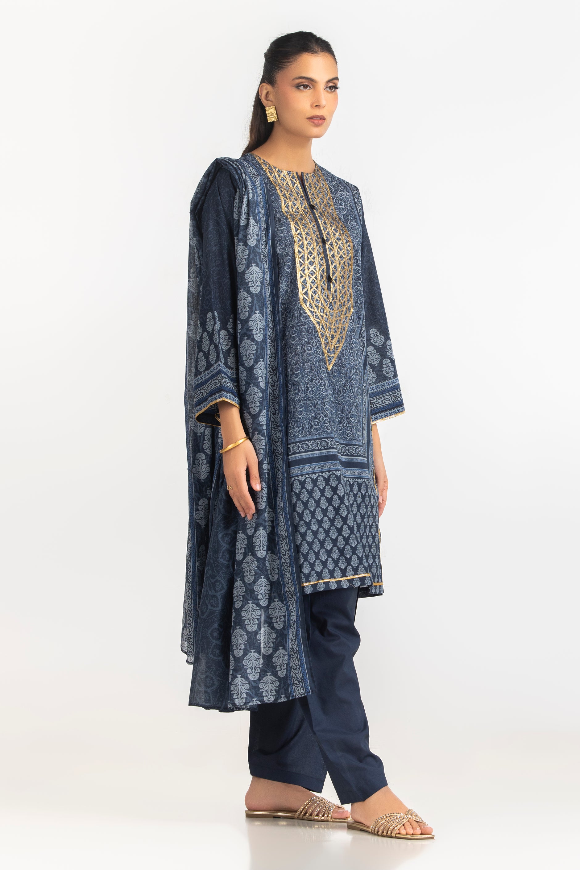 3PC Lawn Printed Suit With Gota Embroidered