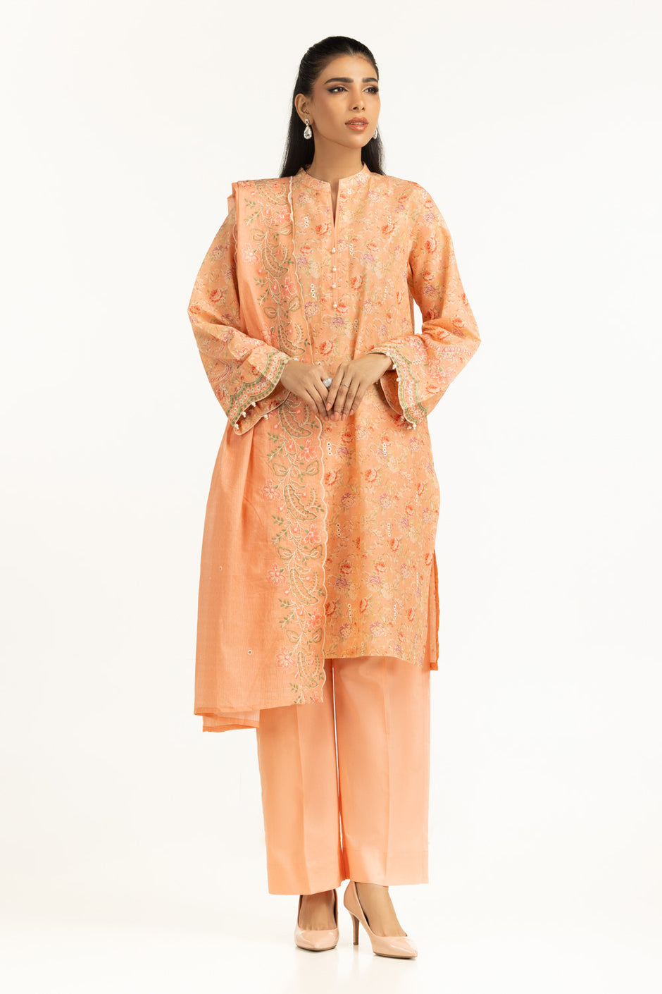 3PC Lawn Printed Suit With Schiffli Embroiderd