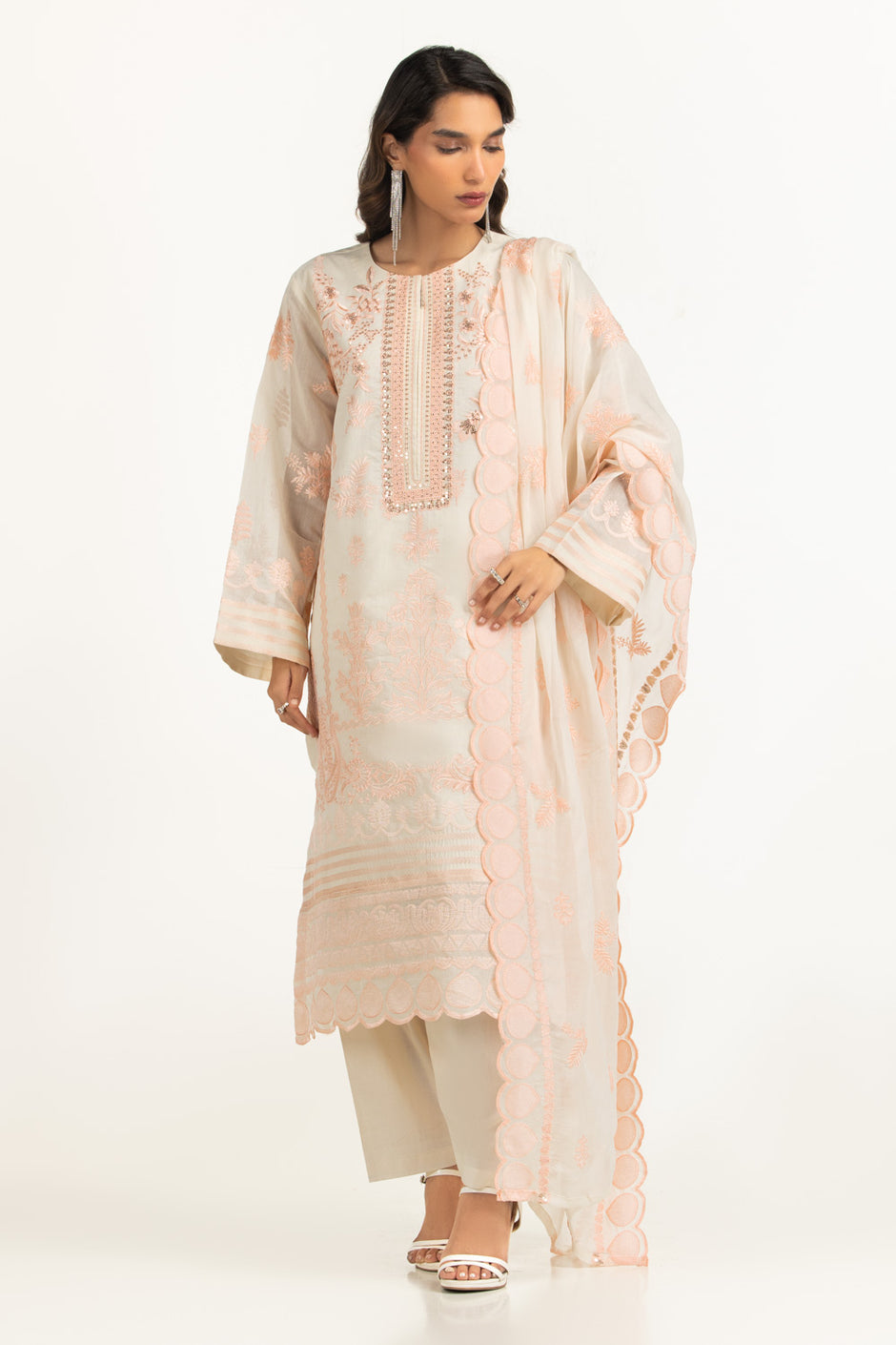 3PC Paper Cotton Embroidered Suit