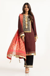 3PC Chiffon Gold And Lacquer Printed Suit With Embroidered IUSTKSD-732