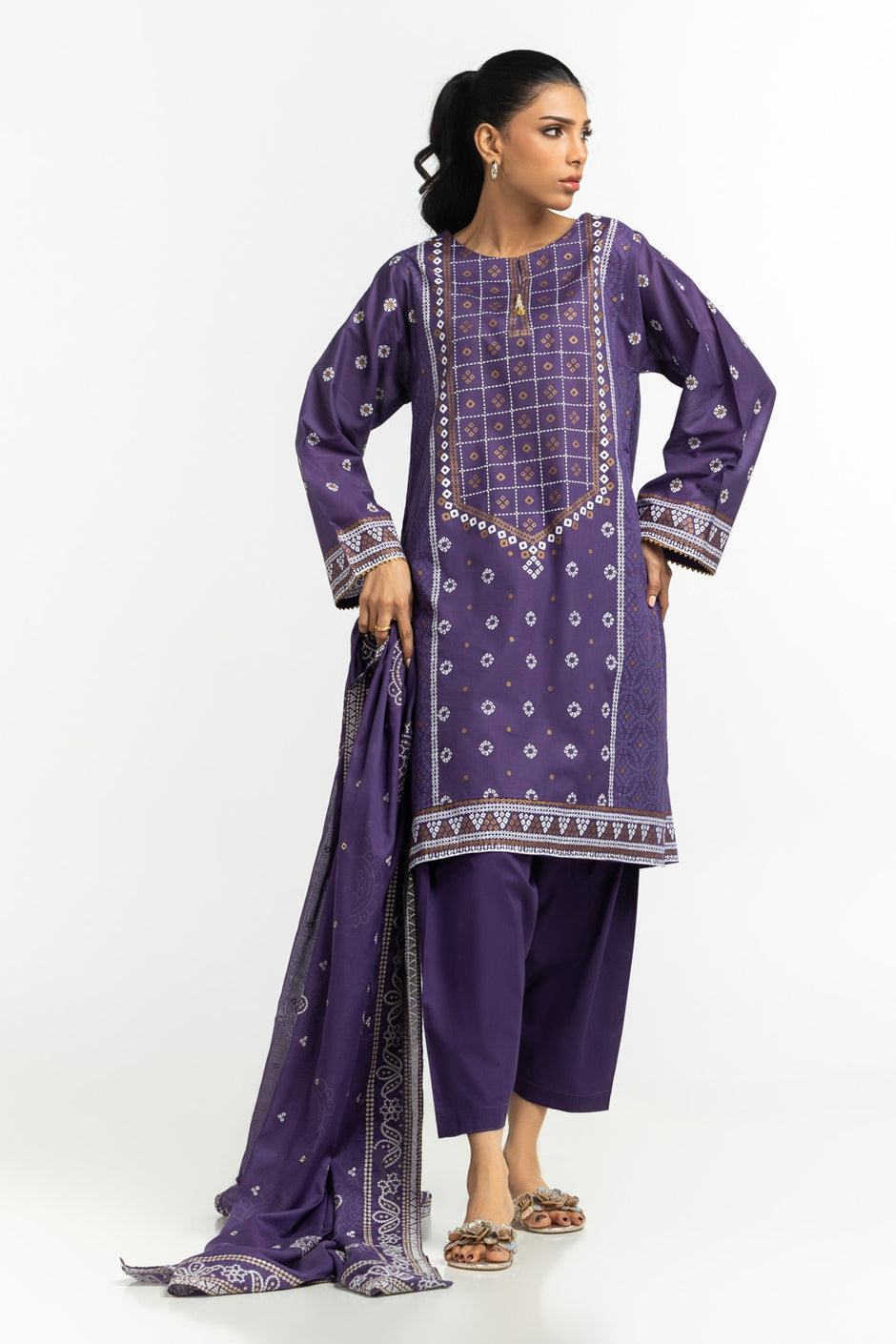 3PC Lawn Gold and Lacquer Printed Suit