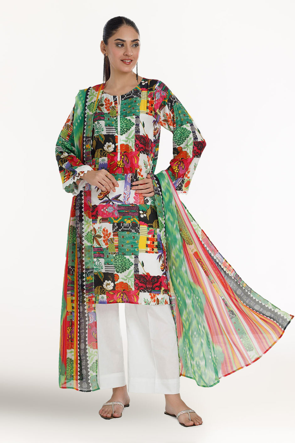 3 Piece Unstitched Printed Pure Bamboo Silk Suit with Printed Chiffon Dupatta