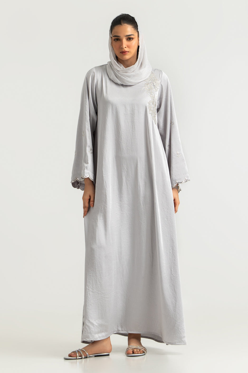 Blended Embroidered Crush Abaya With Zari Stripe Scarf