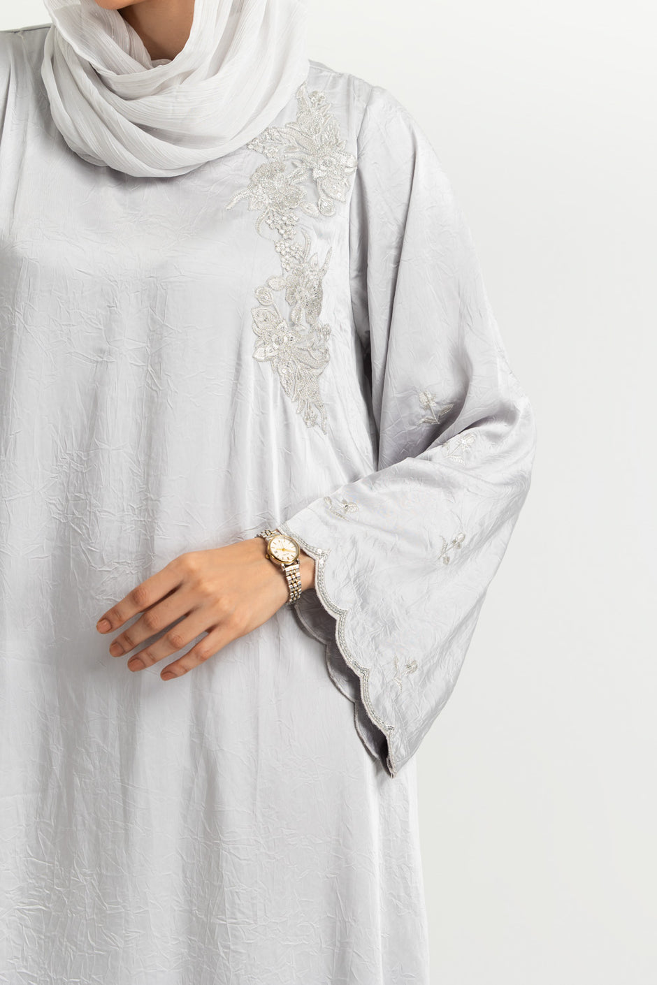 Blended Embroidered Crush Abaya With Zari Stripe Scarf