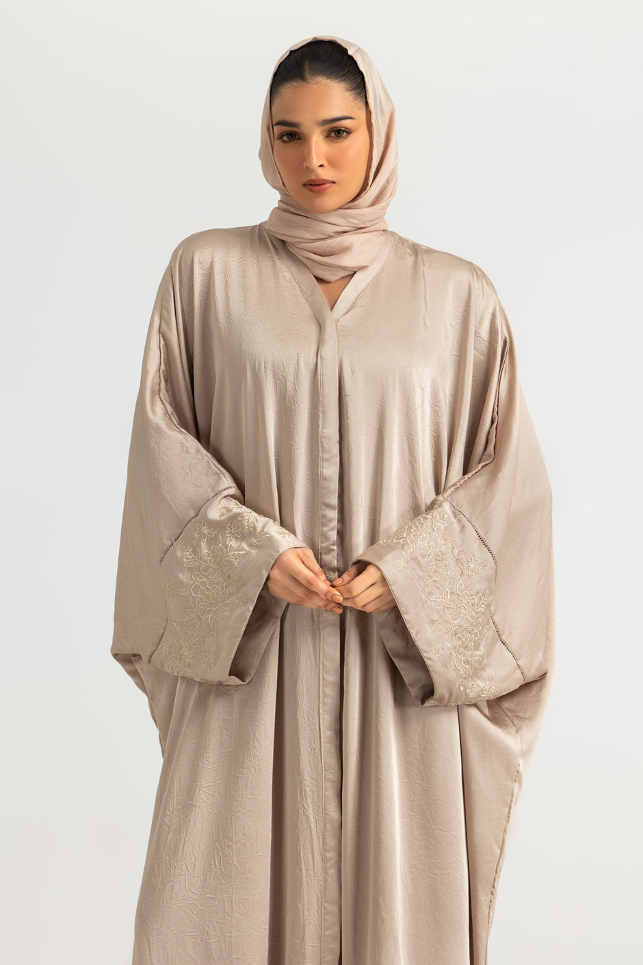 Blended Embroidered Crush Abaya With Zari Stripe Scarf