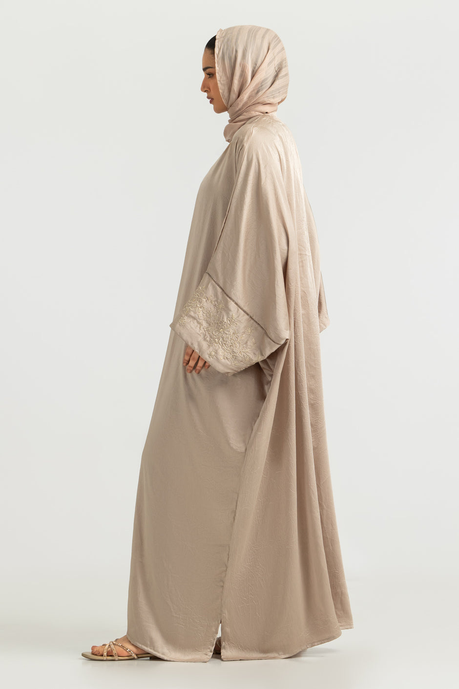 Blended Embroidered Crush Abaya With Zari Stripe Scarf