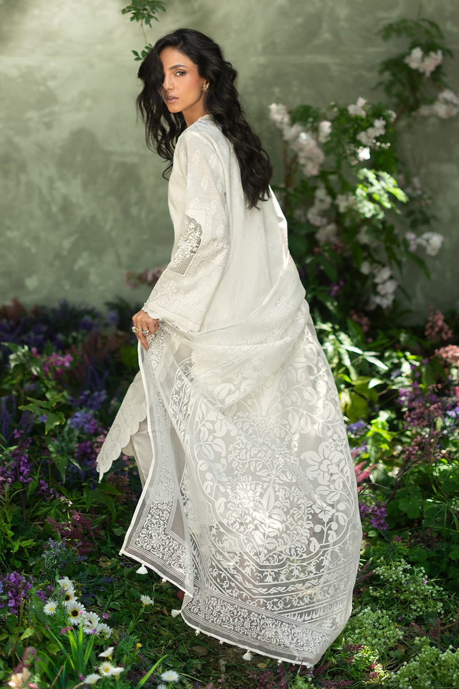 3 Piece Foam Printed Paper Cotton Suit with Inner and Embroidered Organza Details and Burnout Printed Poly Silk Dupatta