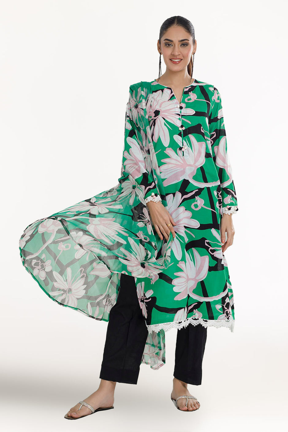 3 Piece Unstitched Printed Lawn Suit with Printed Pure Silk Chiffon Dupatta