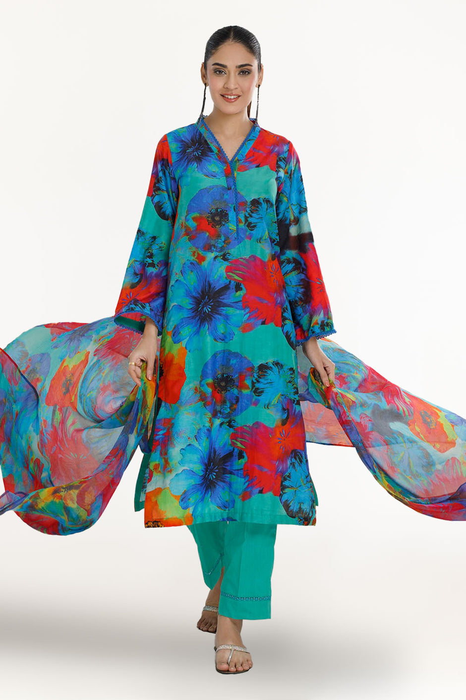 3 Piece Unstitched Printed Cotton Silk Suit with Printed Chiffon Dupatta