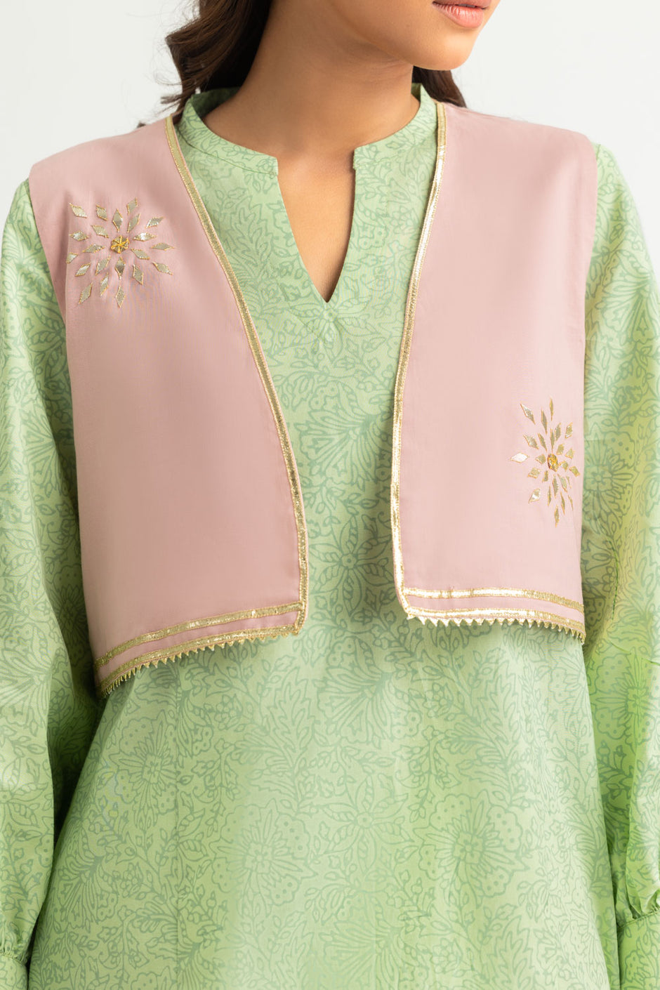 Cambric Block Printed Co-Ord Set With Waistcoat
