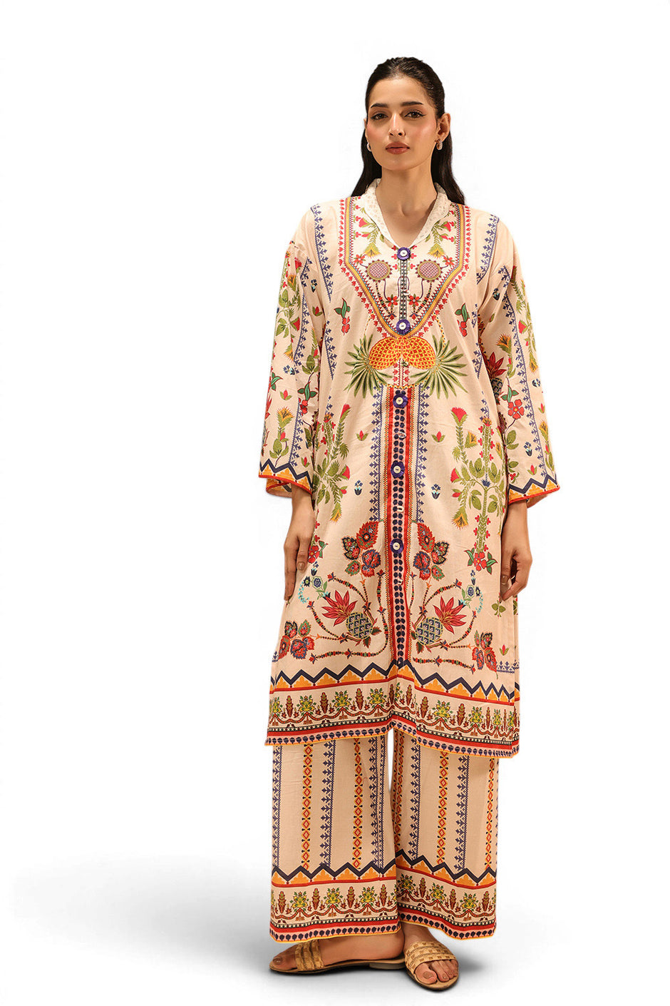 Cambric Printed Co-Ord Set With Embroidered