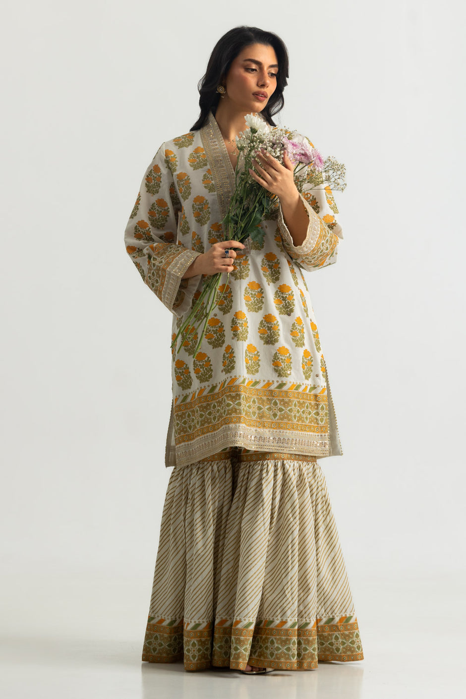 Cambric Printed Shirt And Gharara With Embroidered