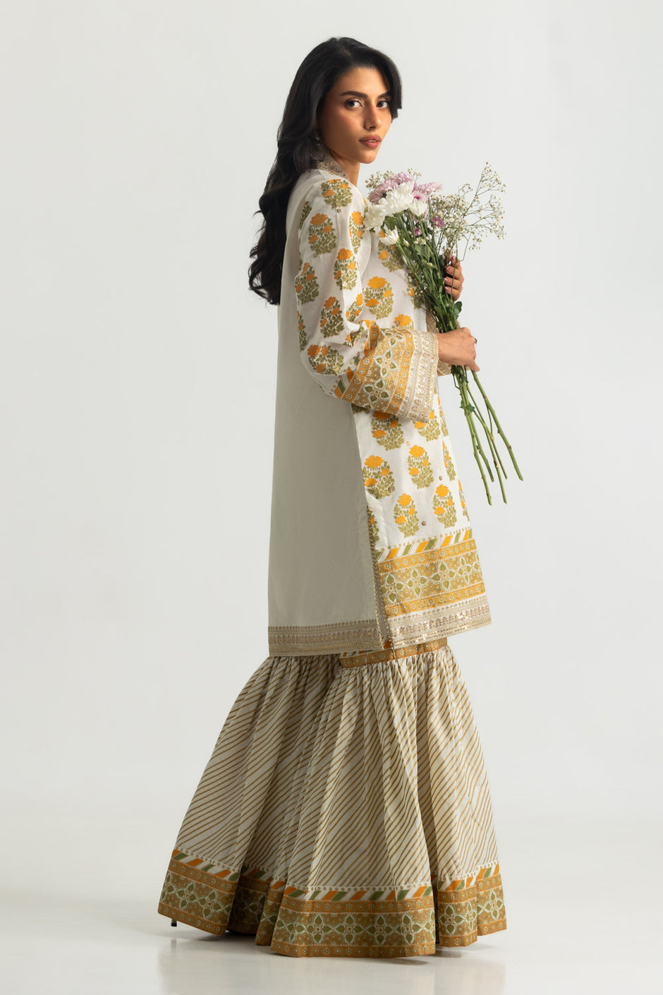 Cambric Printed Shirt And Gharara With Embroidered