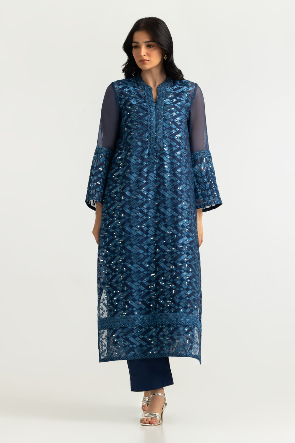 Cotton Net Embroidered Shirt And Dyed Trouser