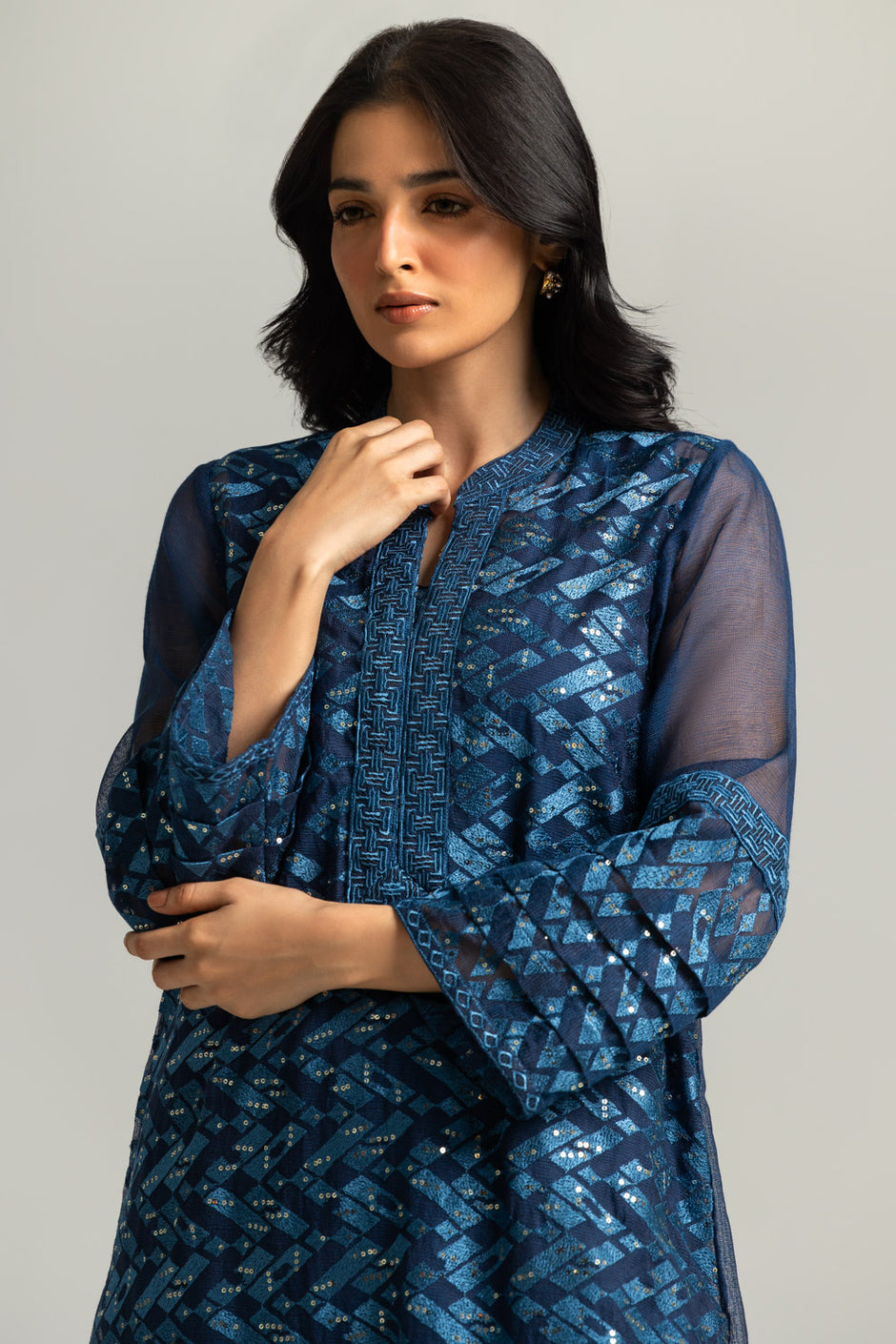 Cotton Net Embroidered Shirt And Dyed Trouser