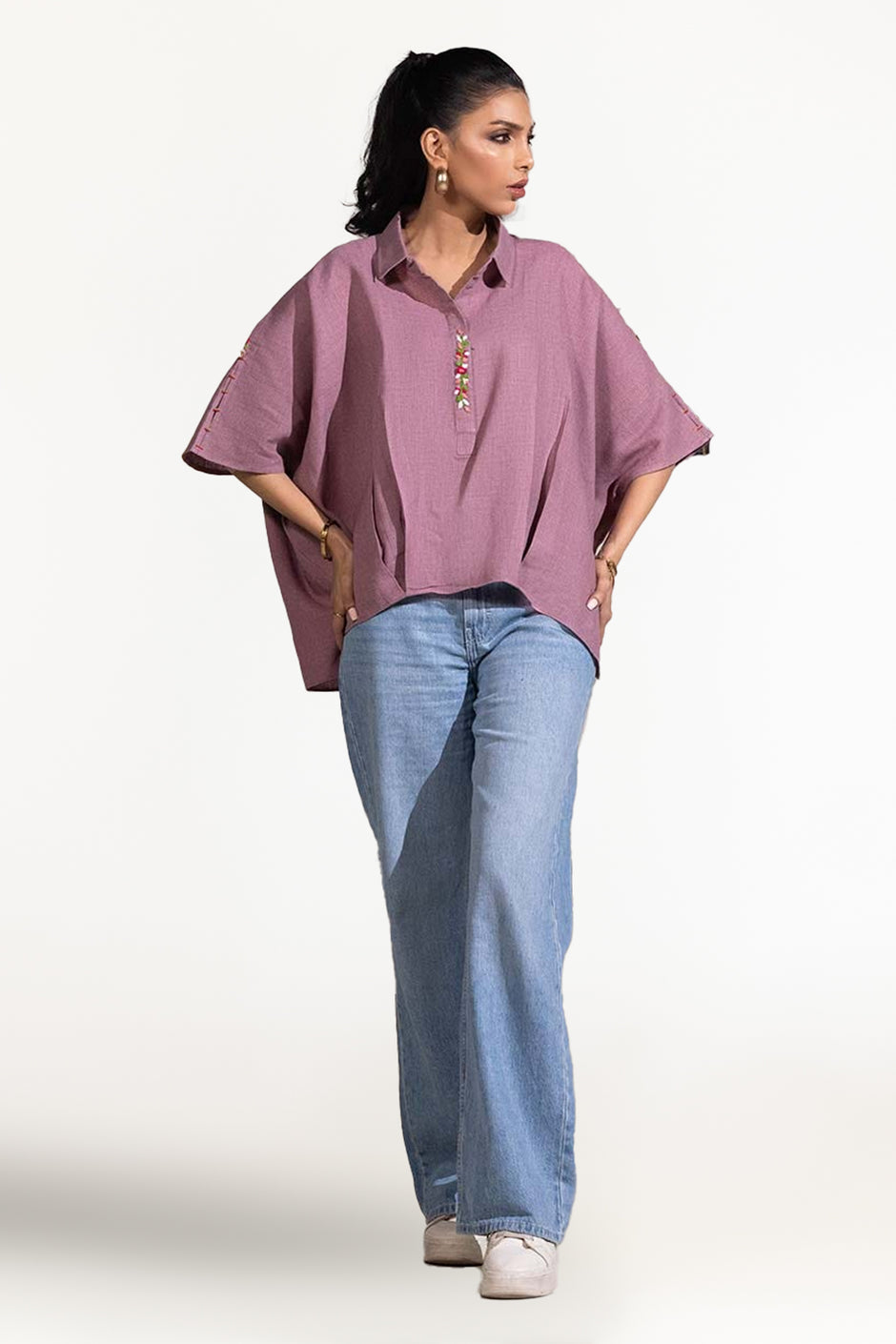 Dobby Jute Embroidered Drop Shoulder Tunic IPS-44103