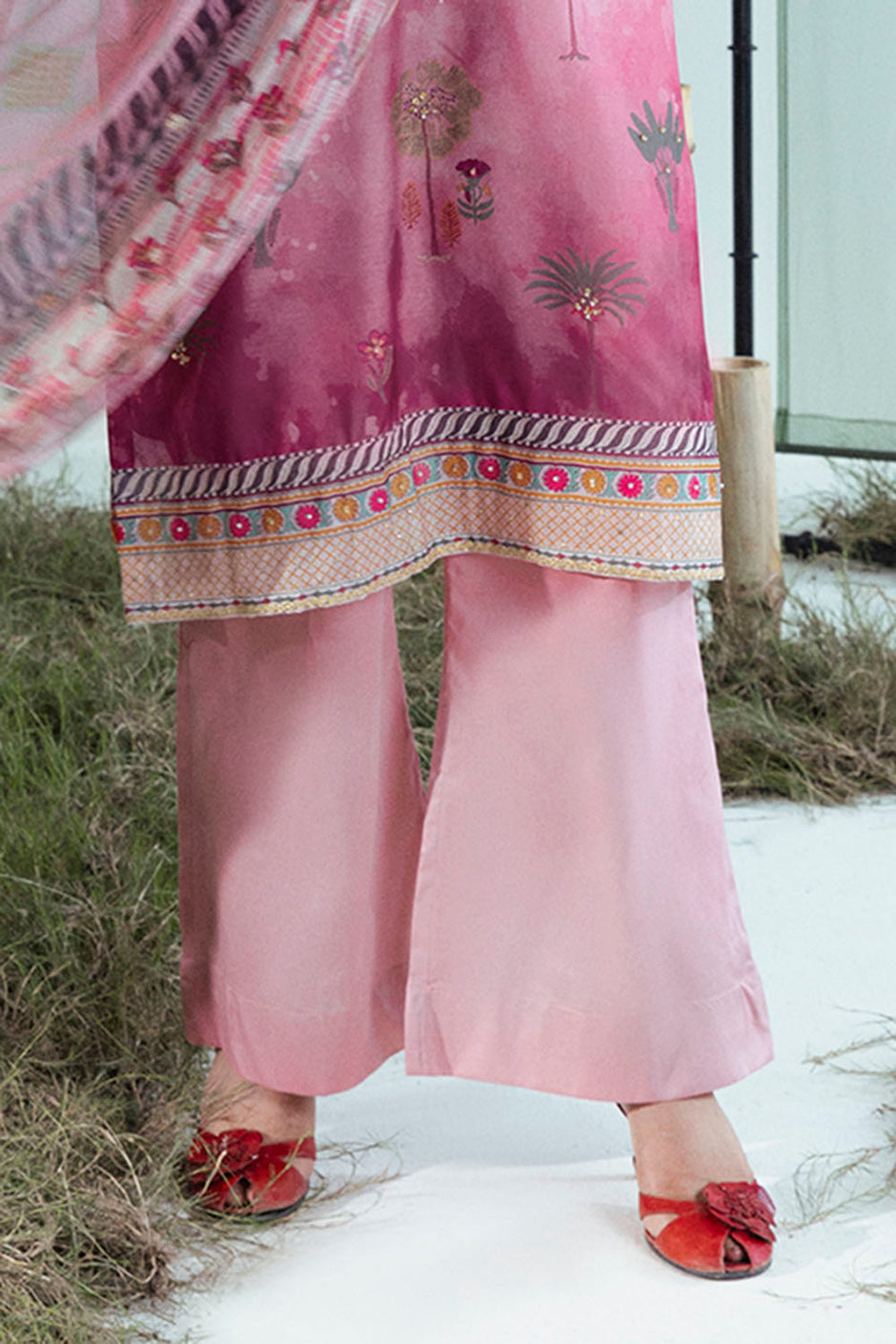 3 Piece Printed Monar Slub Suit with Handwork and Khaddi Net Dupatta