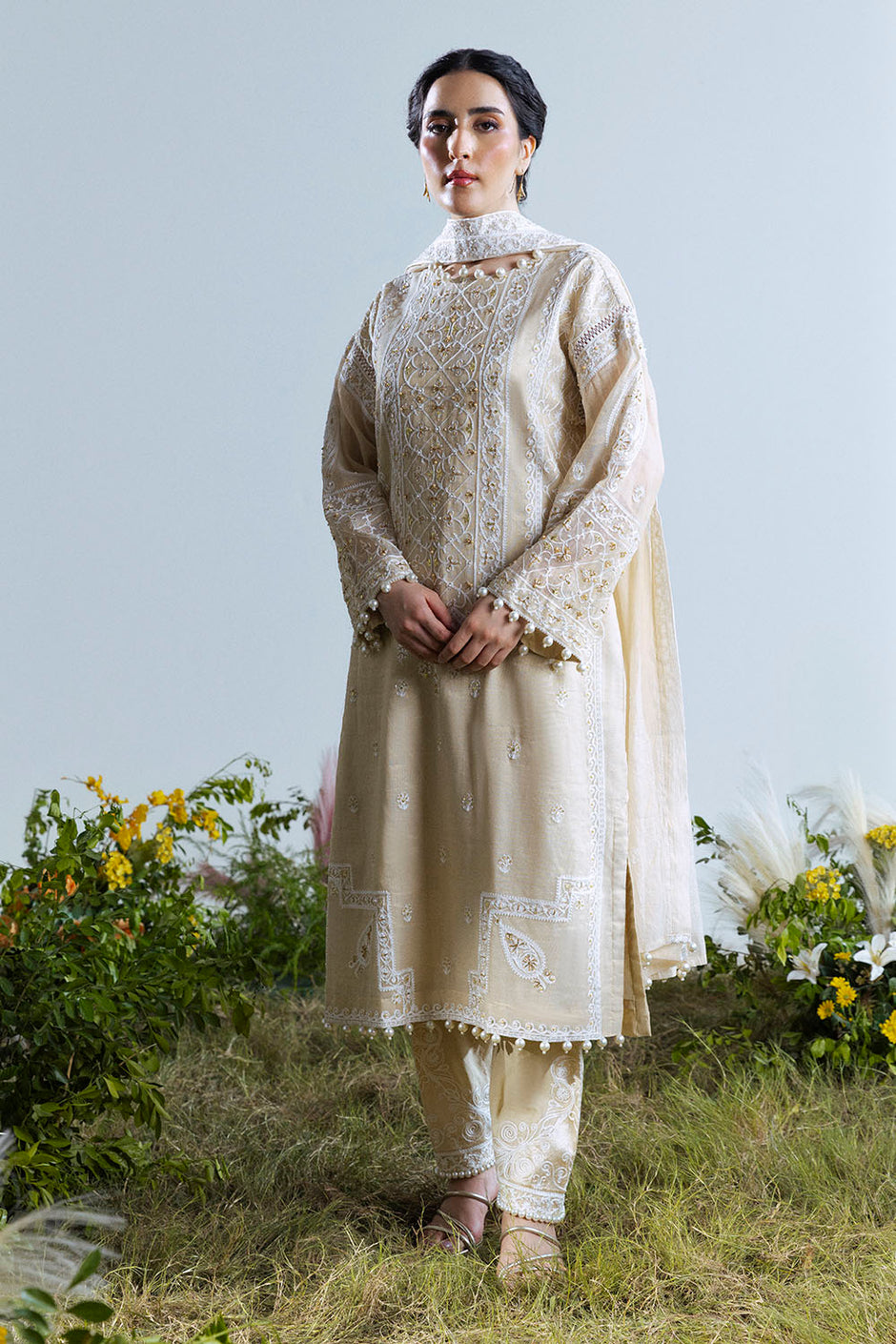 3 Piece Embroidered Mehsuri Suit with Handwork and Raw Silk Trouser