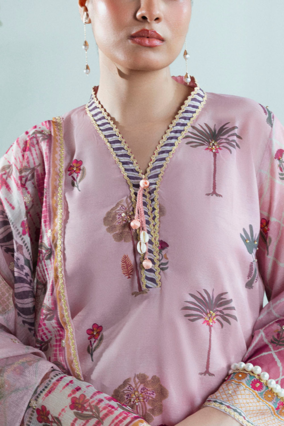 3 Piece Printed Monar Slub Suit with Handwork and Khaddi Net Dupatta