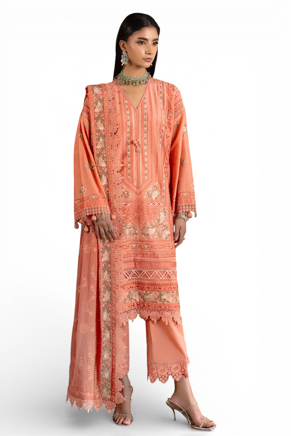 3 Piece Embroidered Lawn Suit with Embroidered Chiffon Dupatta