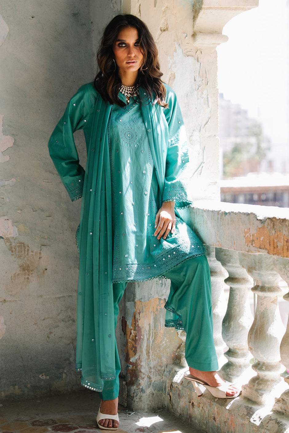 3 Piece Embroidered Lawn Suit with Borders and Embroidered Chiffon Dupatta