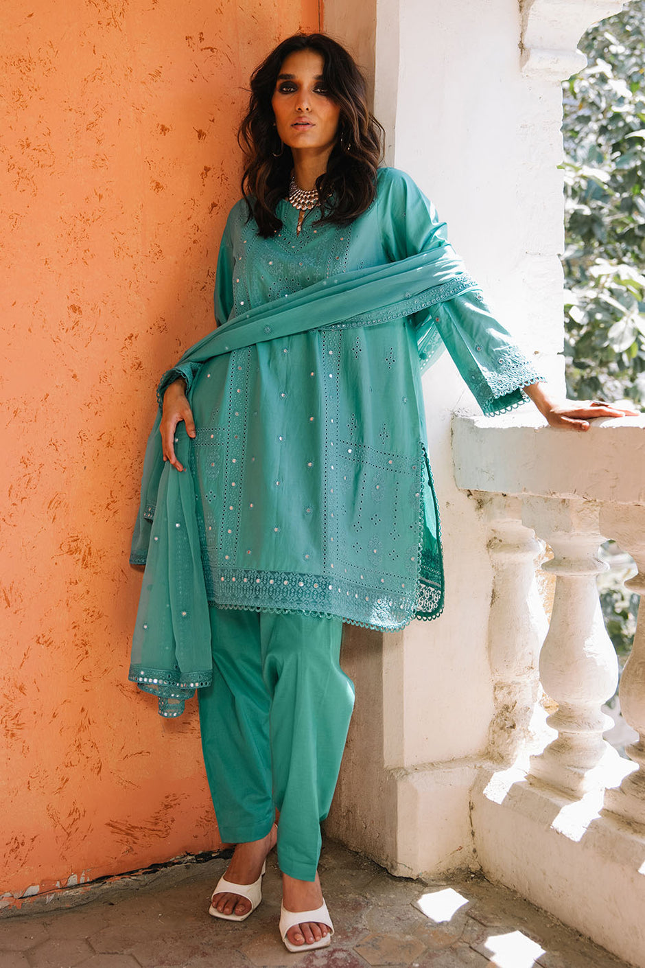 3 Piece Embroidered Lawn Suit with Borders and Embroidered Chiffon Dupatta