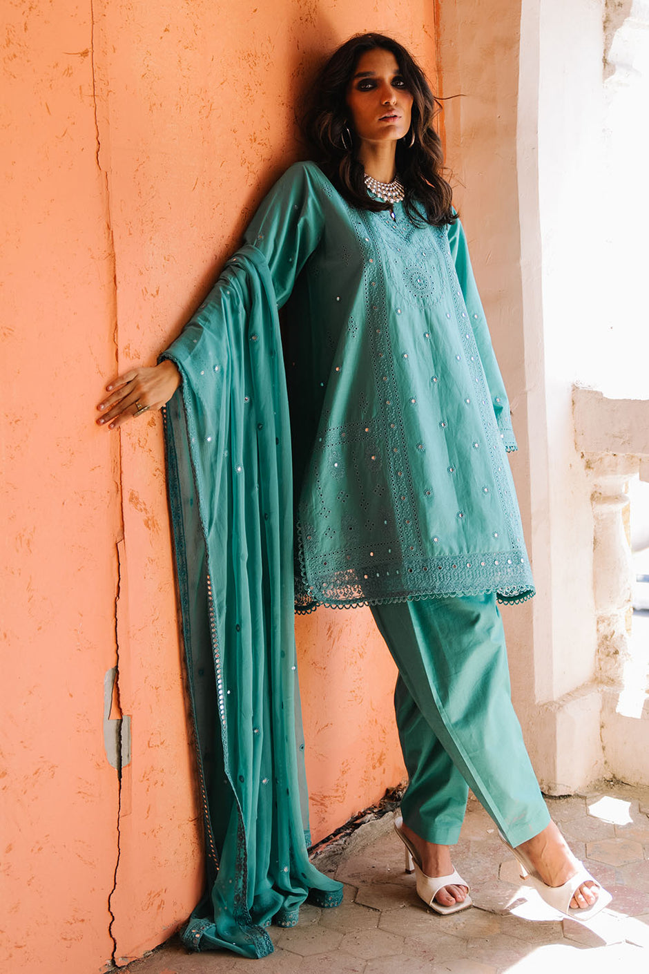 3 Piece Embroidered Lawn Suit with Borders and Embroidered Chiffon Dupatta