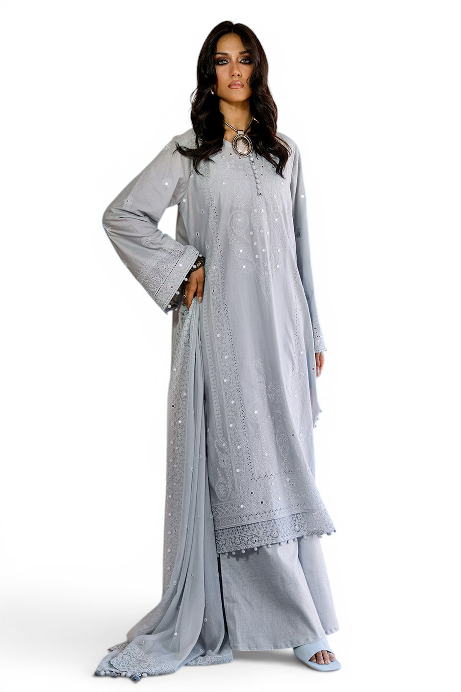 3 Piece Embroidered Lawn Suit with Borders and Embroidered Chiffon Dupatta