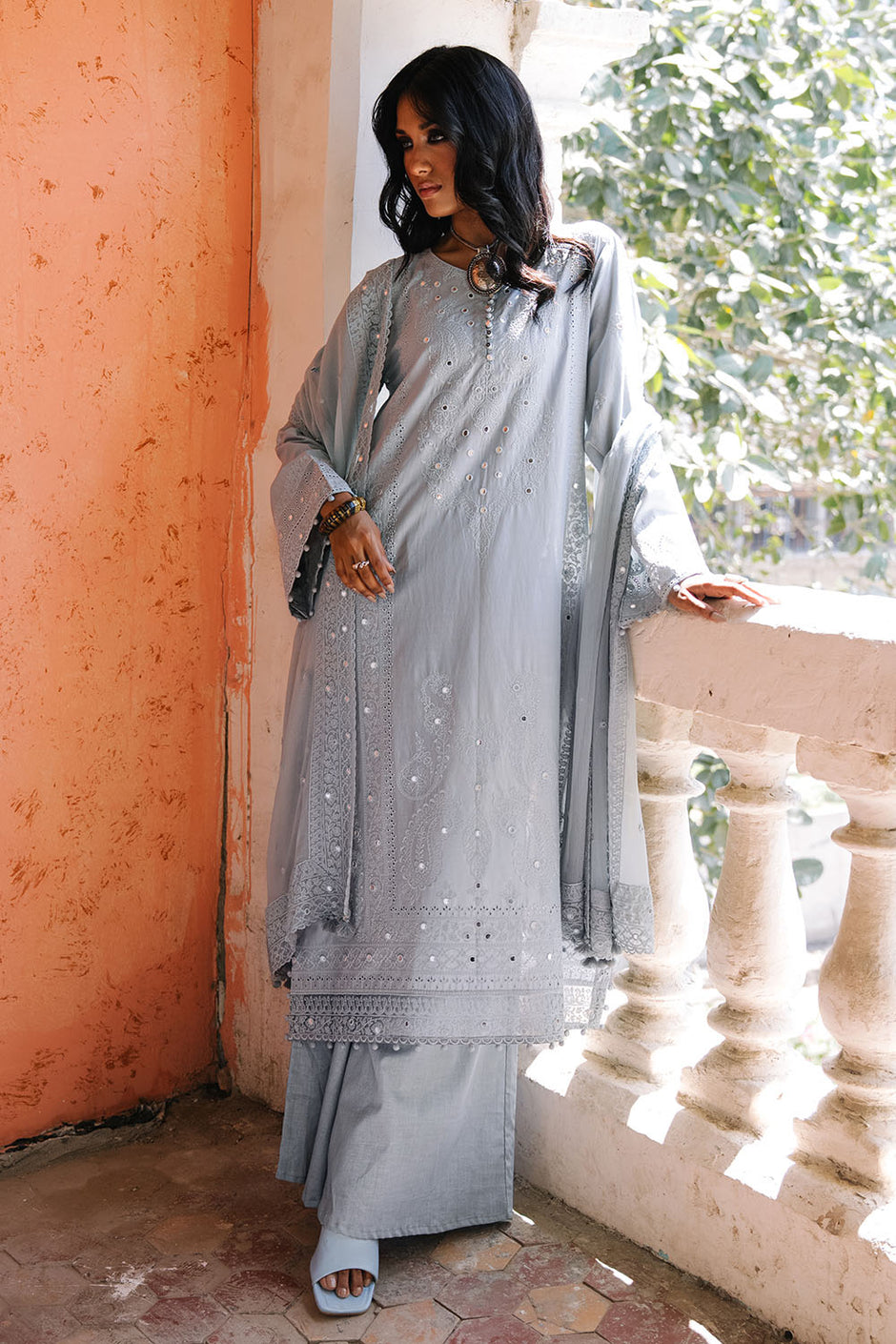 3 Piece Embroidered Lawn Suit with Borders and Embroidered Chiffon Dupatta