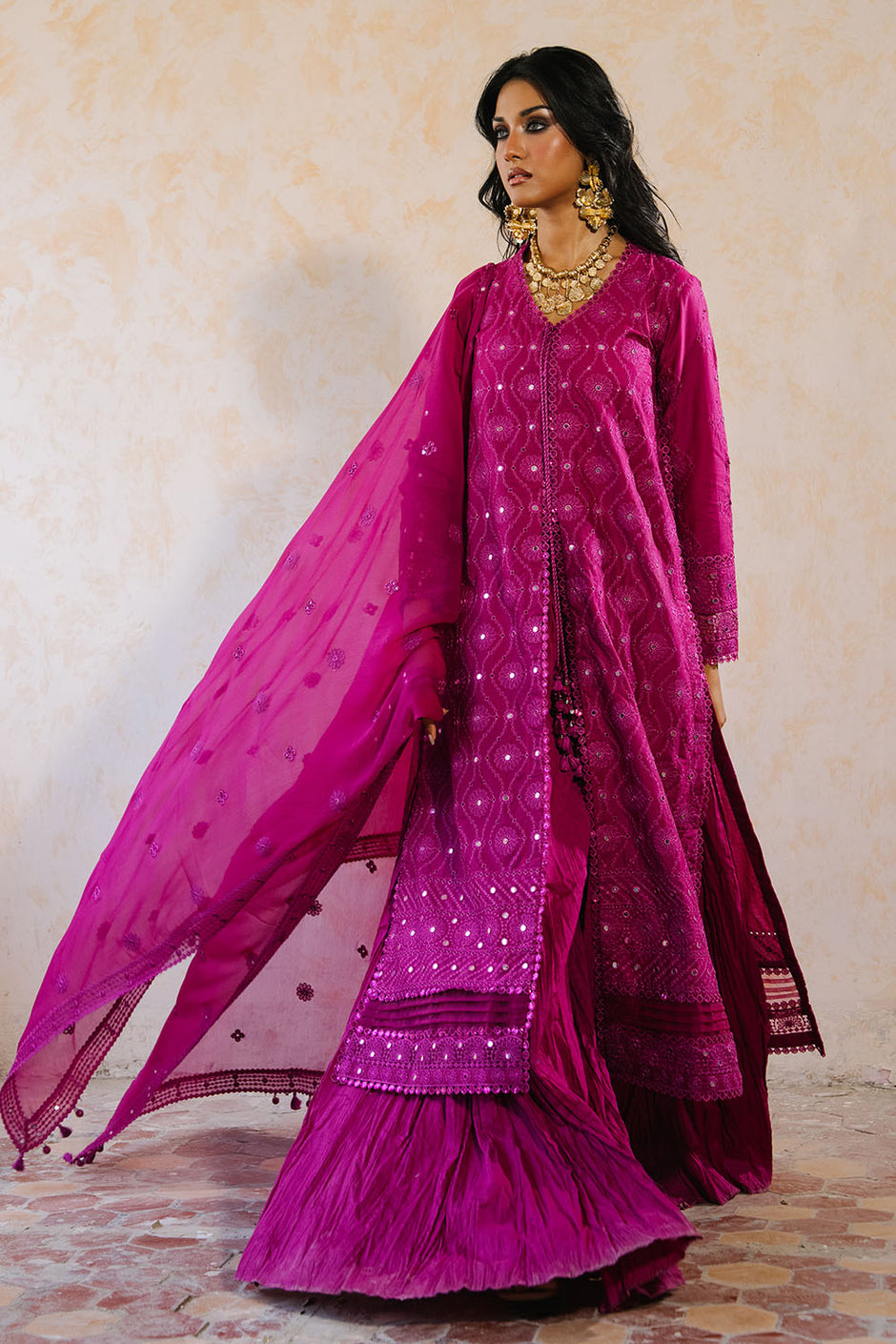 3 Piece Embroidered Lawn Suit with Borders and Embroidered Chiffon Dupatta