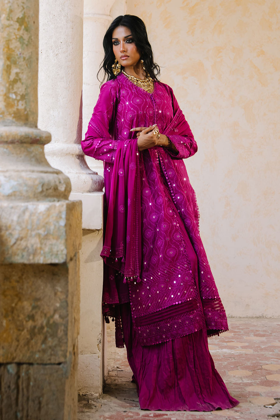 3 Piece Embroidered Lawn Suit with Borders and Embroidered Chiffon Dupatta